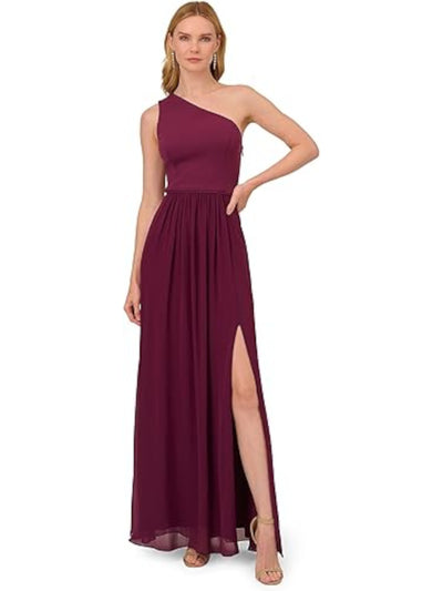 ADRIANNA PAPELL Womens Burgundy Zippered Gathered High Slit Lined Sleeveless Asymmetrical Neckline Full-Length Evening Gown Dress 8