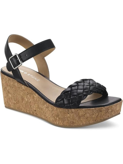 SUN STONE Womens Black Braided Cork-Like 1-1/2" Platform Padded Ankle Strap Allvina Square Toe Wedge Buckle Slingback Sandal 9.5