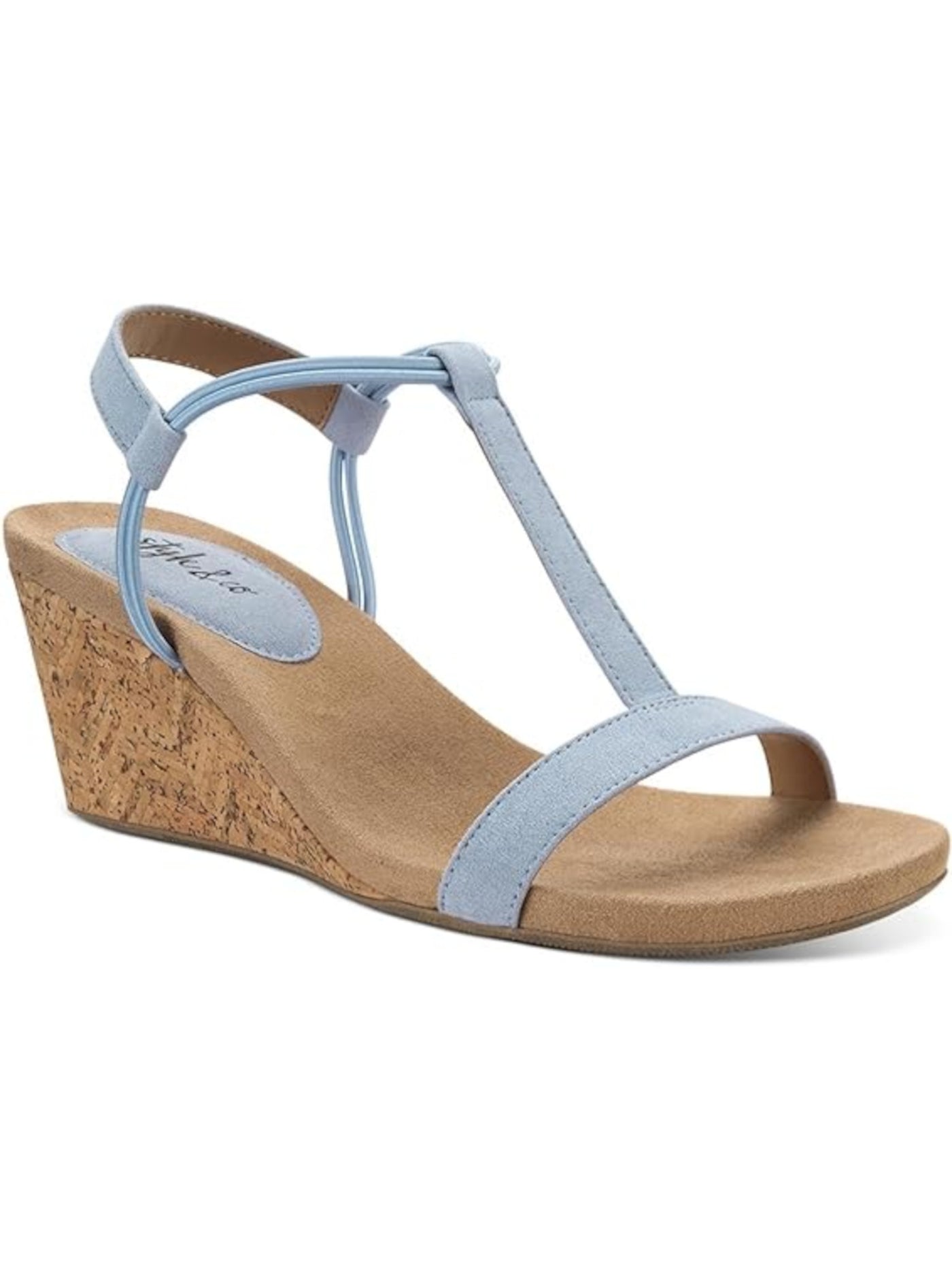 STYLE & COMPANY Womens Light Blue T-Strap Ankle Strap Padded Mulan Round Toe Wedge Slip On Slingback Sandal 9 M