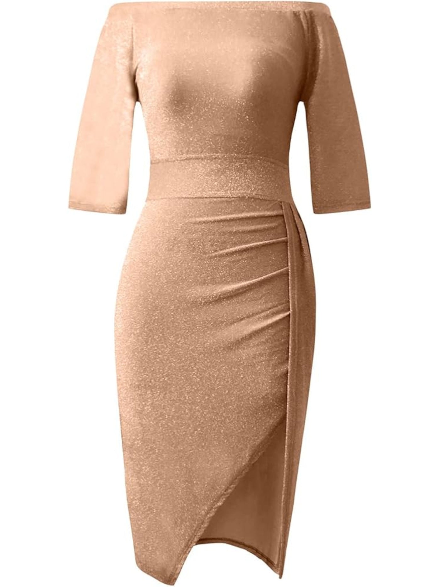 BT BTFBM Womens Gold Stretch Metallic Lined Slitted Ruched 3/4 Sleeve Off Shoulder Below The Knee Cocktail Body Con Dress M