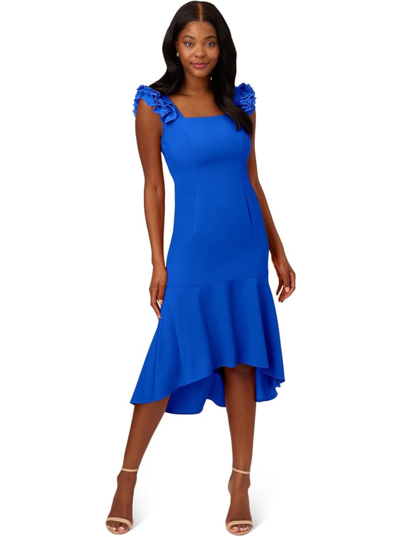 ADRIANNA PAPELL Womens Blue Ruffled Zippered Flounce Hem Lined Sleeveless Square Neck Midi Cocktail Hi-Lo Dress 16