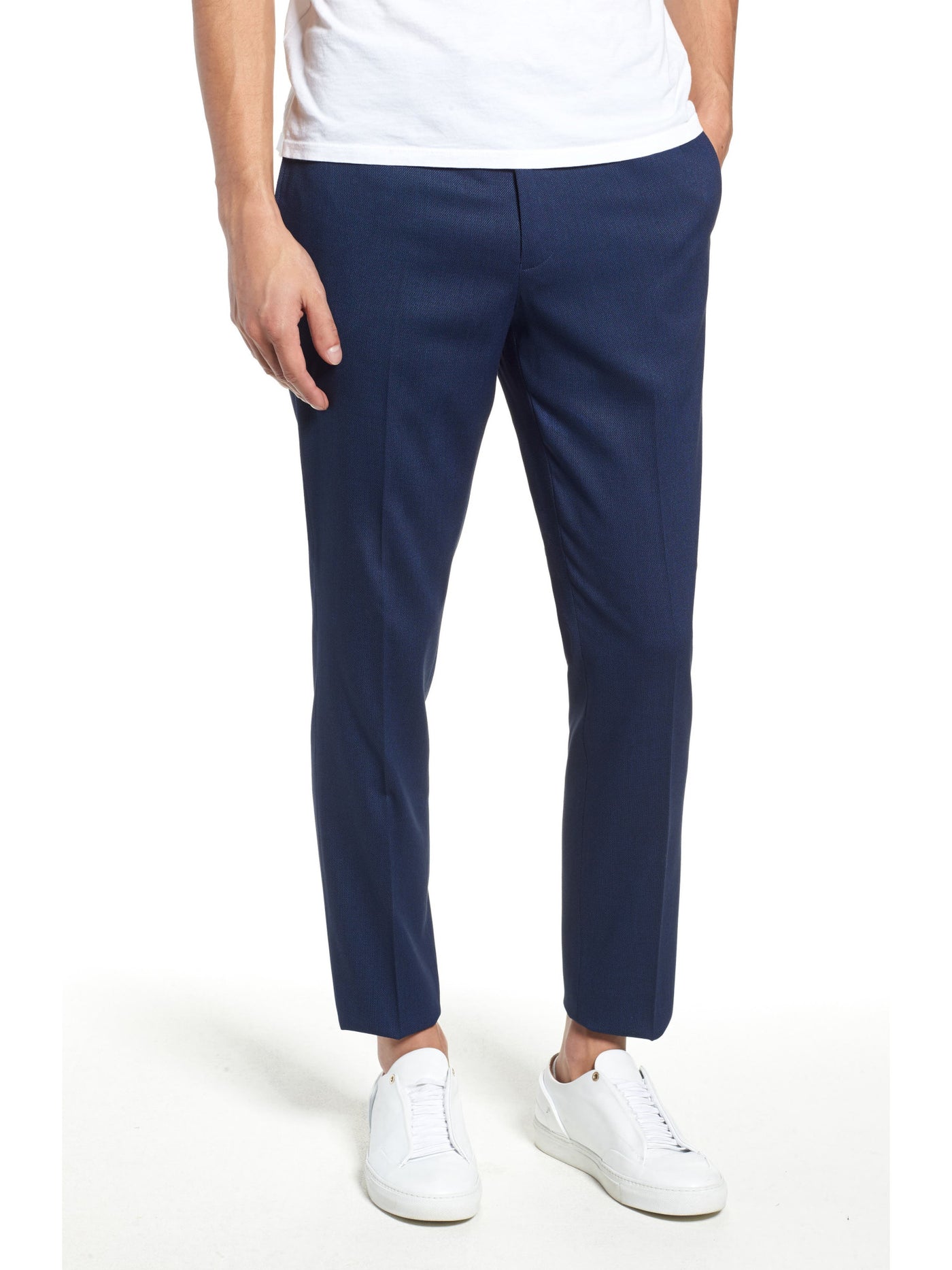 TOPMAN Mens Navy Flat Front, Tapered, Patterned Skinny Fit Pants 34 X 34