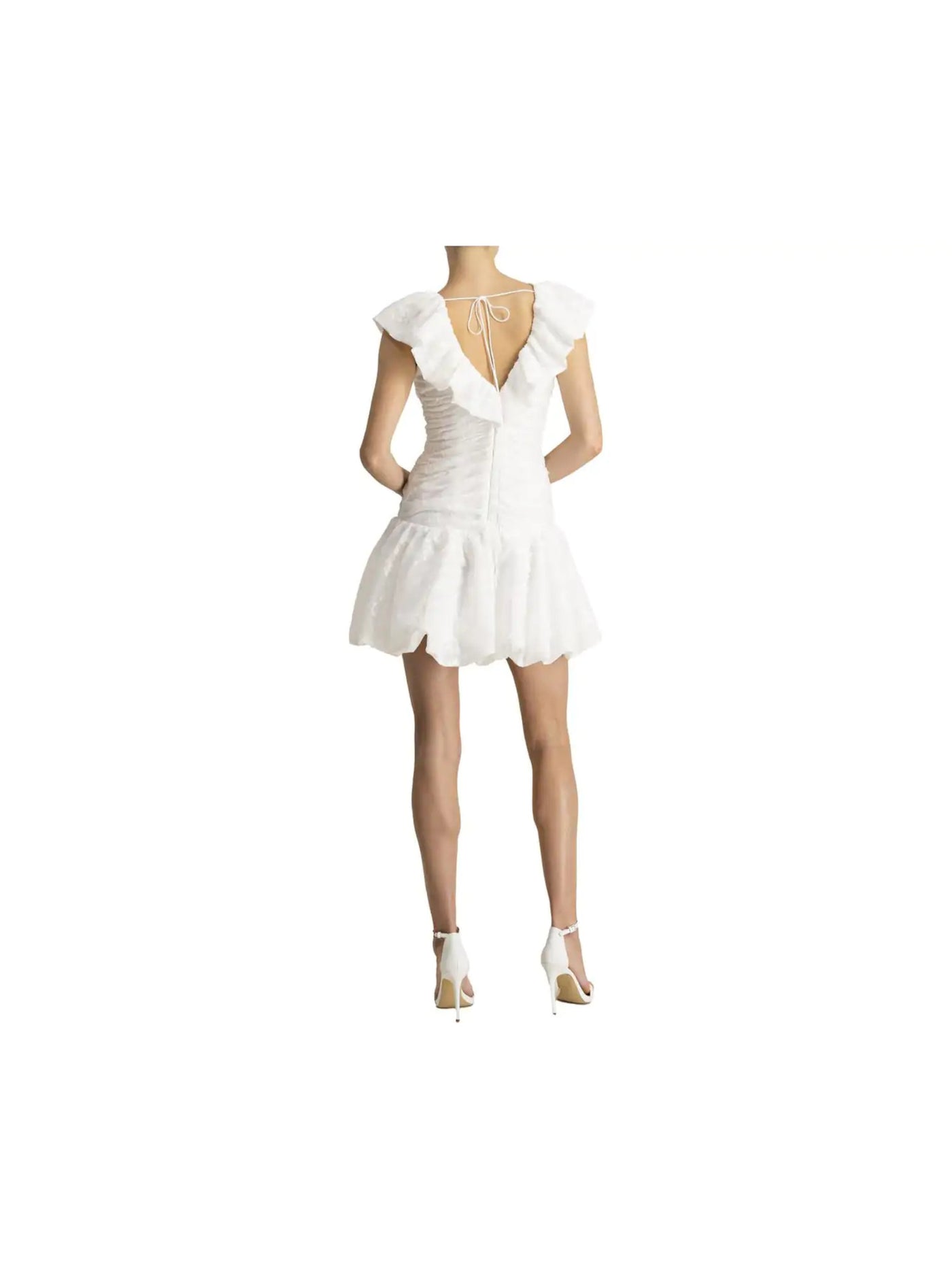 ML MONIQUE LHUILLIER Womens White Zippered Ruched Organza Back Tie Ruffled Sheer Flutter Sleeve V Neck Mini Evening Fit + Flare Dress 2