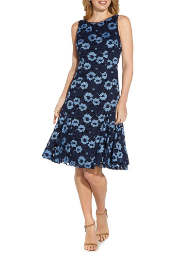 ADRIANNA PAPELL Womens Navy Lace Zippered Fitted Godets Lined Floral Sleeveless Jewel Neck Above The Knee Party Fit + Flare Dress 10