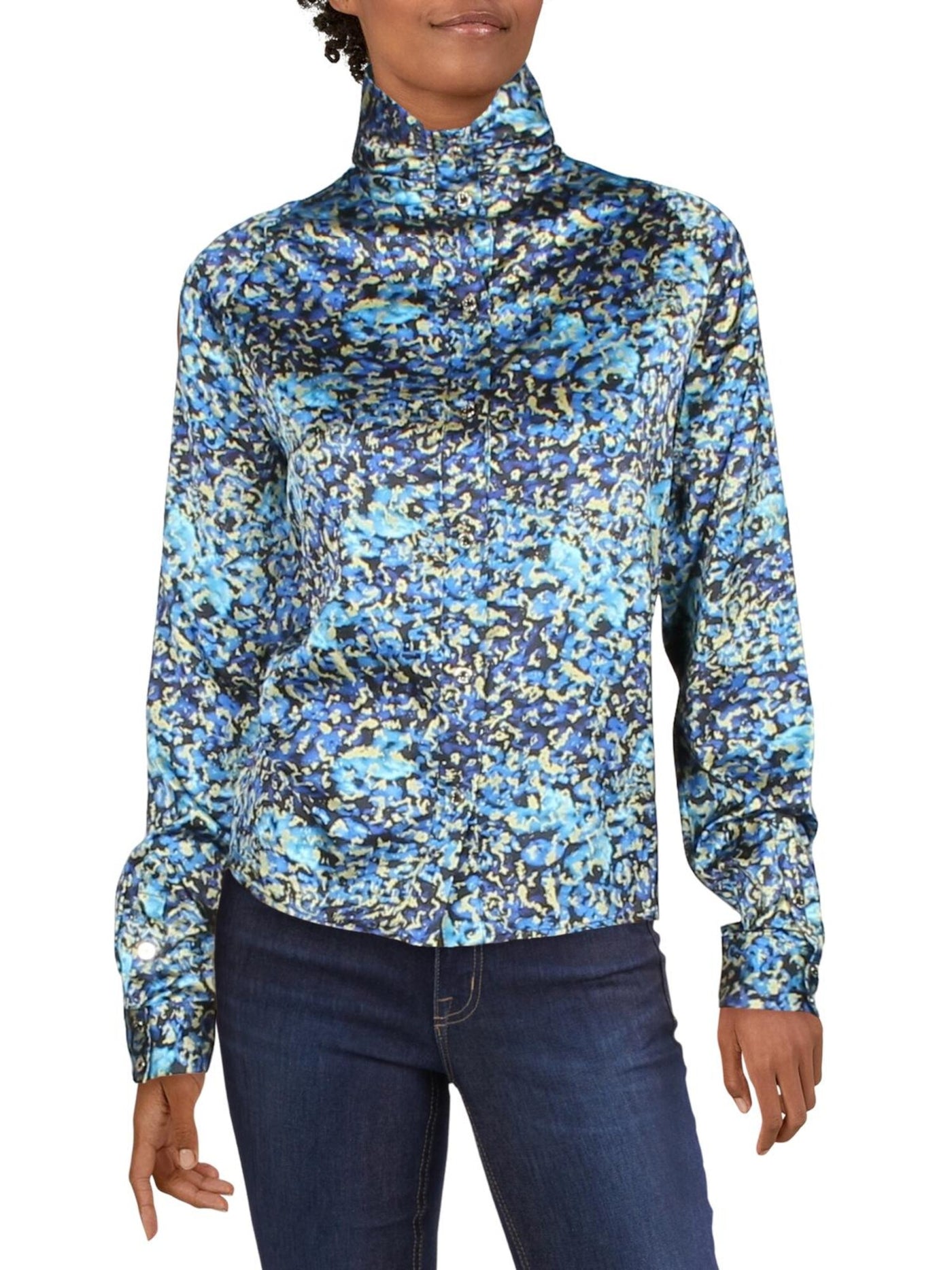 MARCIANO Womens Blue Printed Cuffed Sleeve Turtle Neck Button Up Top 38