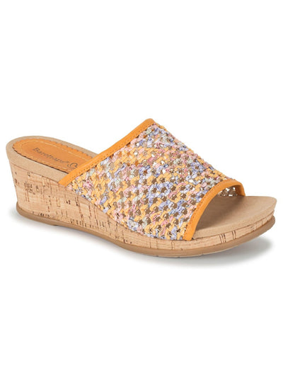 BARETRAPS Womens Gold Mixed Media Cork Wrapped Heel Goring Cushioned Breathable Flossey Open Toe Wedge Slip On Sandals Shoes 9.5 M