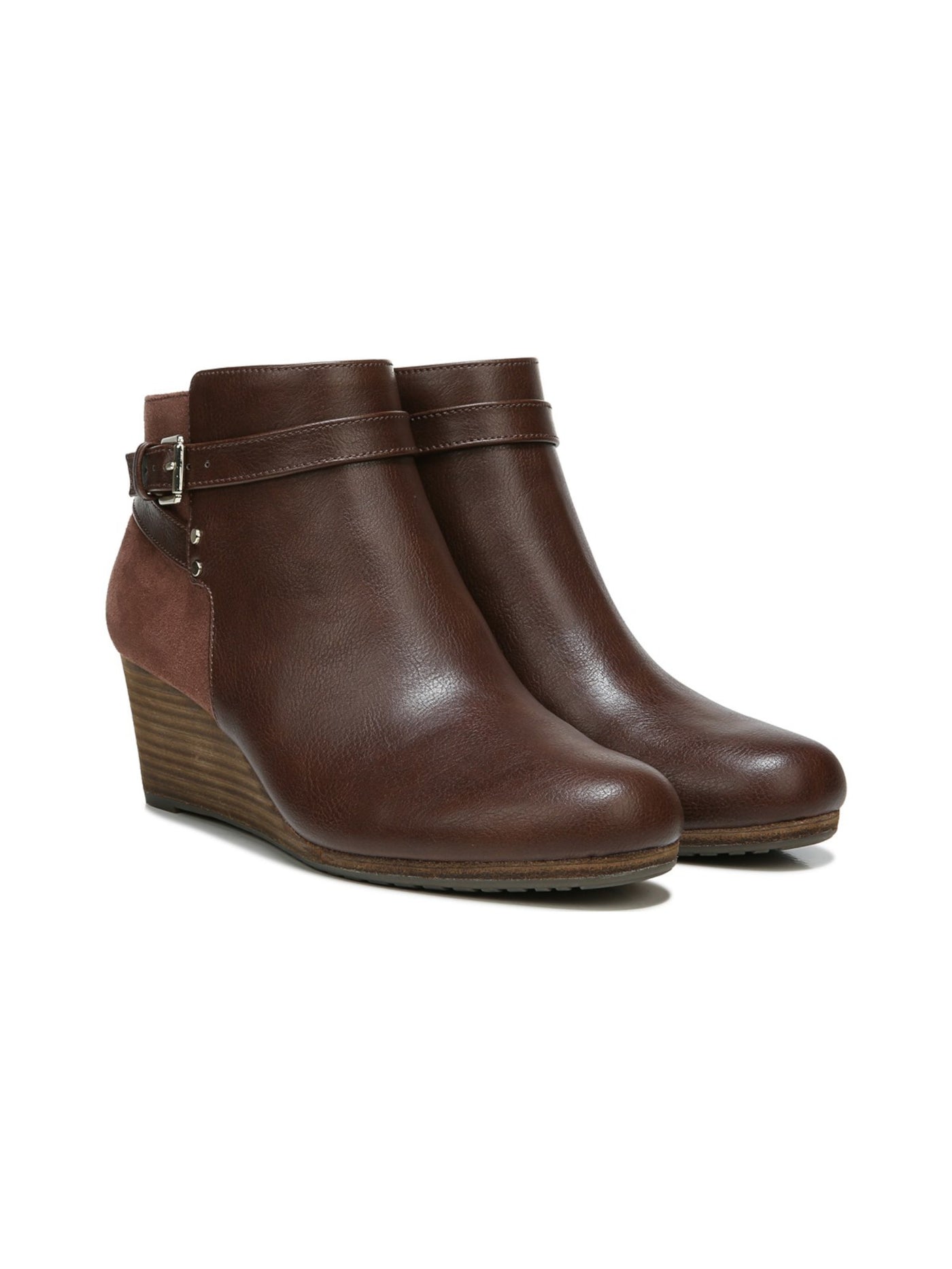 DR SCHOLLS Womens Brown Buckle Accent Studded Double Round Toe Wedge Zip-Up Booties 9.5 W