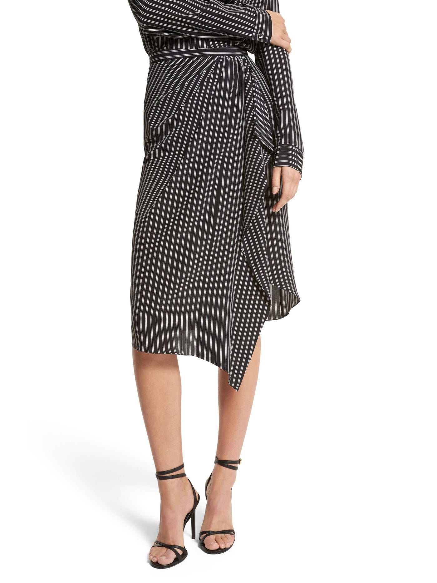 MICHAEL KORS COLLECTION Womens Black Zippered Pleated Draped Panel Striped Midi Wear To Work Faux Wrap Skirt 14