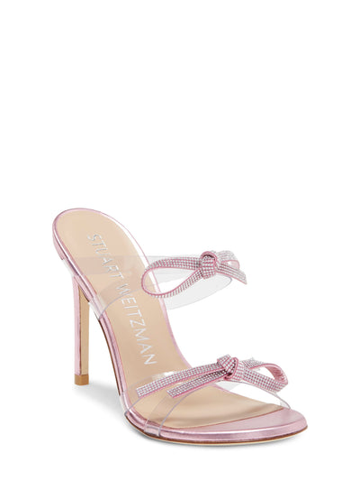 STUART WEITZMAN Womens Pink Bow Accent Rhinestone Bow 100 Round Toe Stiletto Slip On Dress Heeled Sandal 8.5 B
