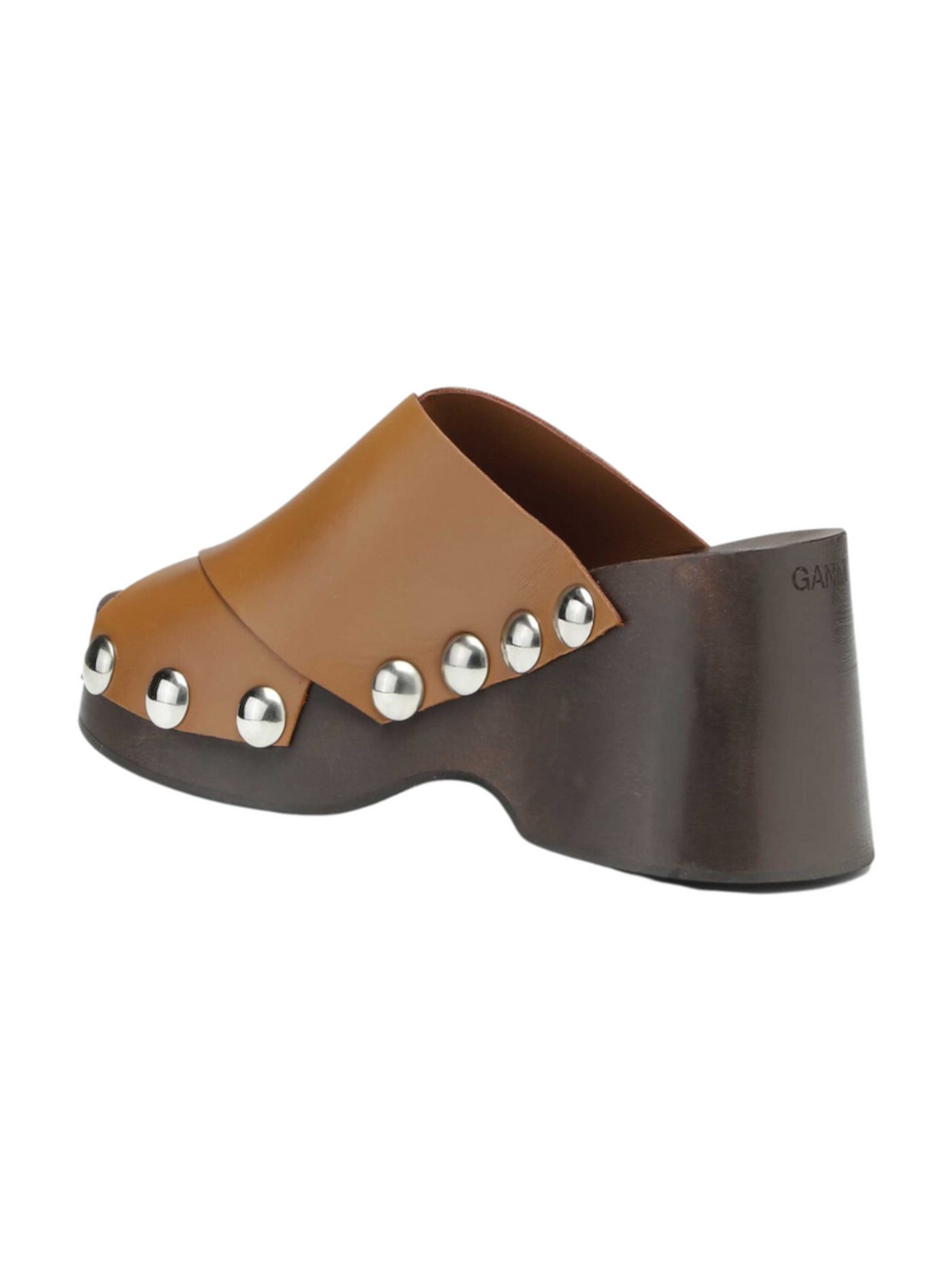 GANNI Womens Brown 1-1/2" Wood-Grain Platform Studded Round Toe Wedge Slip On Leather Slide Sandals Shoes 38