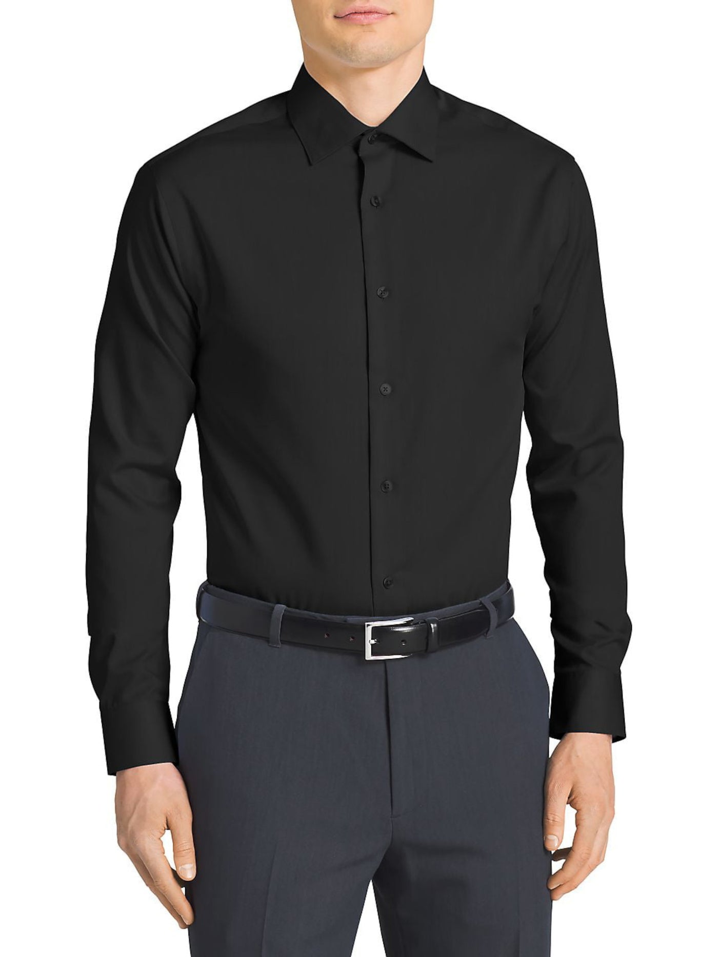 CALVIN KLEIN Mens Black Spread Collar Classic Fit Button Down Shirt 17.5- 34/35