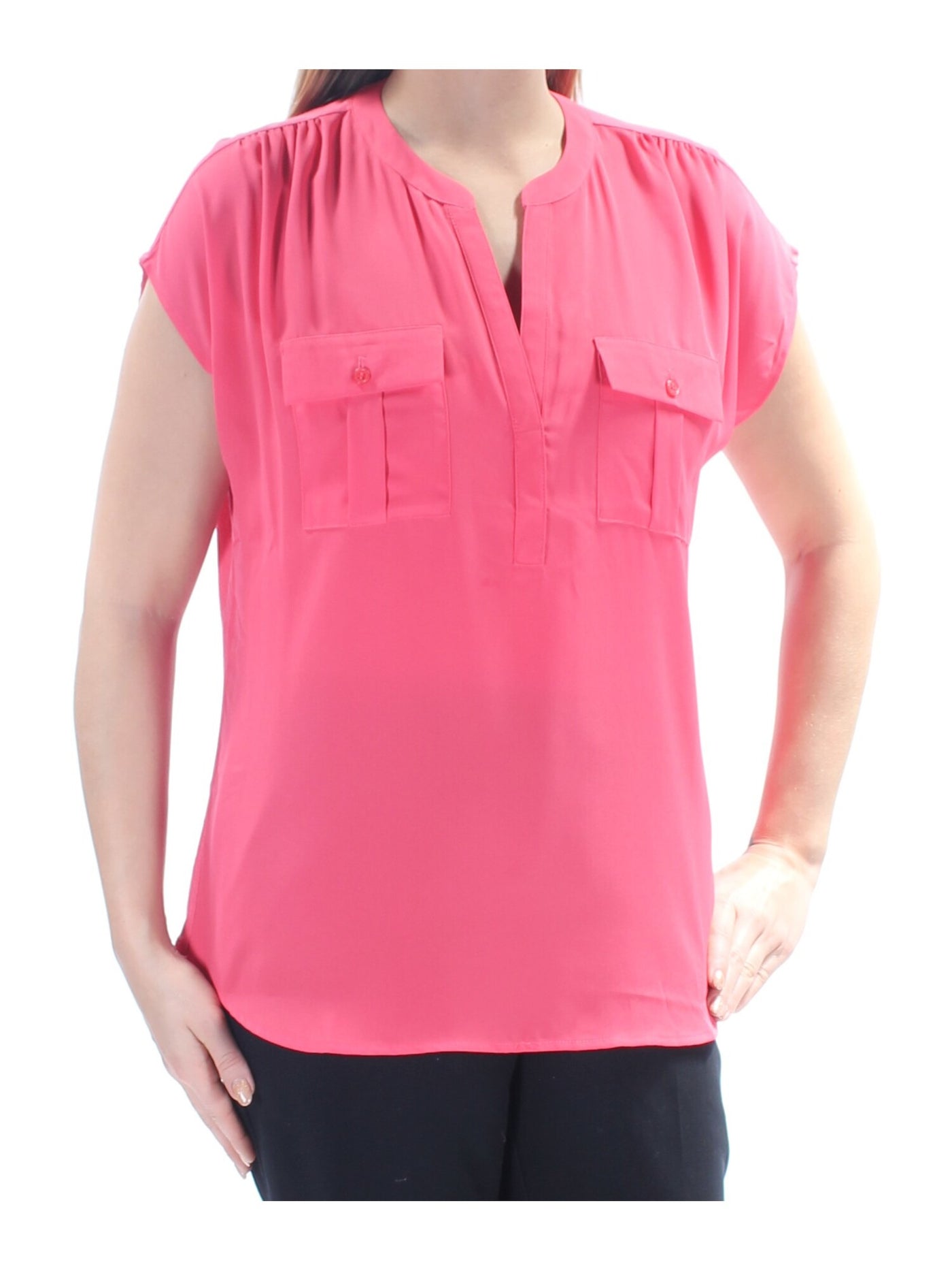 INC Womens Coral Short Sleeve V Neck Top L