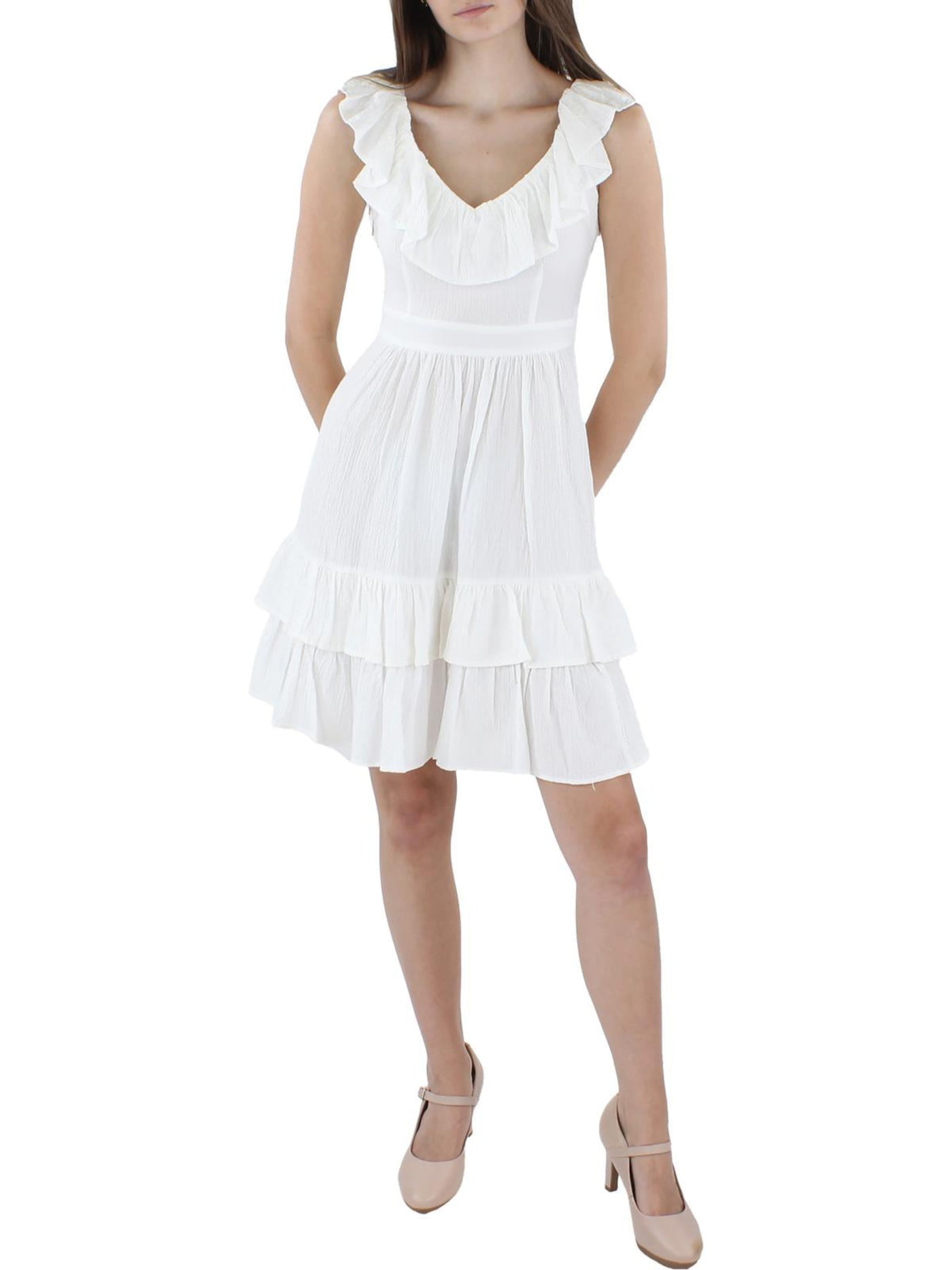 CALVIN KLEIN Womens White Zippered Textured Ruffled Neckline Tiered Hem Flutter Sleeve V Neck Above The Knee Fit + Flare Dress Petites 4P