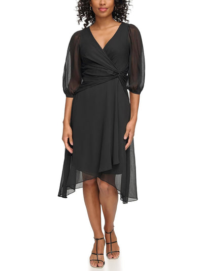 DKNY Womens Black Zippered Knotted Crossover Hem 3/4 Sleeve Surplice Neckline Knee Length Wear To Work Fit + Flare Dress 2