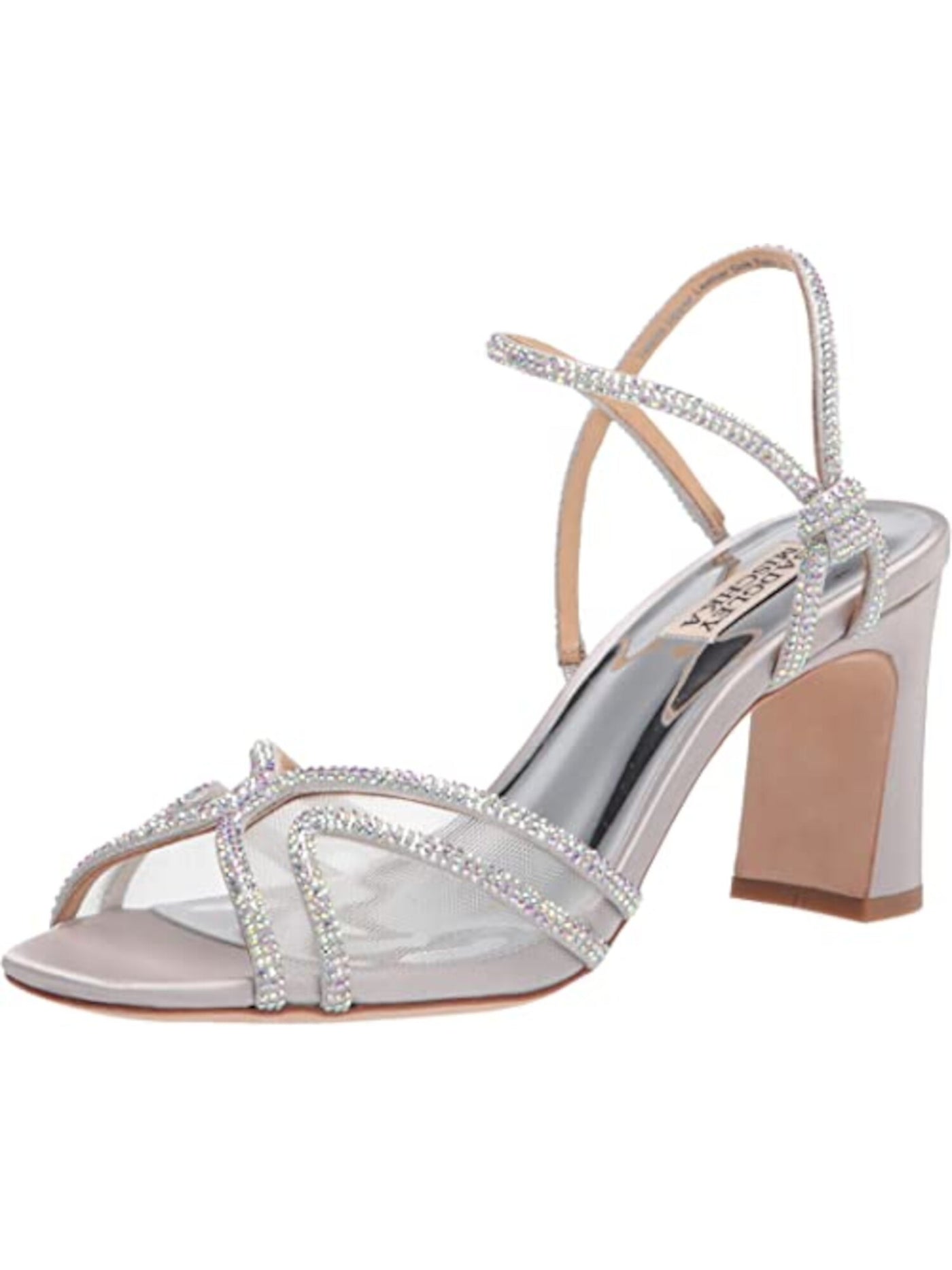 BADGLEY MISCHKA Womens Silver Mesh Rhinestone Hey Square Toe Block Heel Slip On Dress Slingback Sandal 6