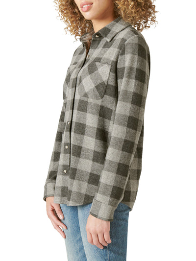 LUCKY BRAND Womens Gray Pocketed Pleated Boyfriend Curved Hem Plaid Cuffed Sleeve Collared Button Up Top M