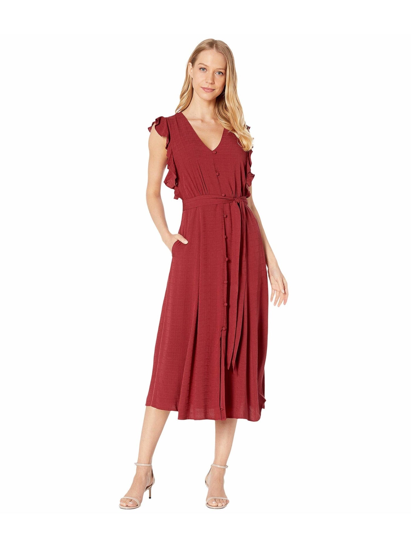 1. STATE Womens Maroon Ruffled Short Sleeve V Neck Midi Fit + Flare Dress XXS