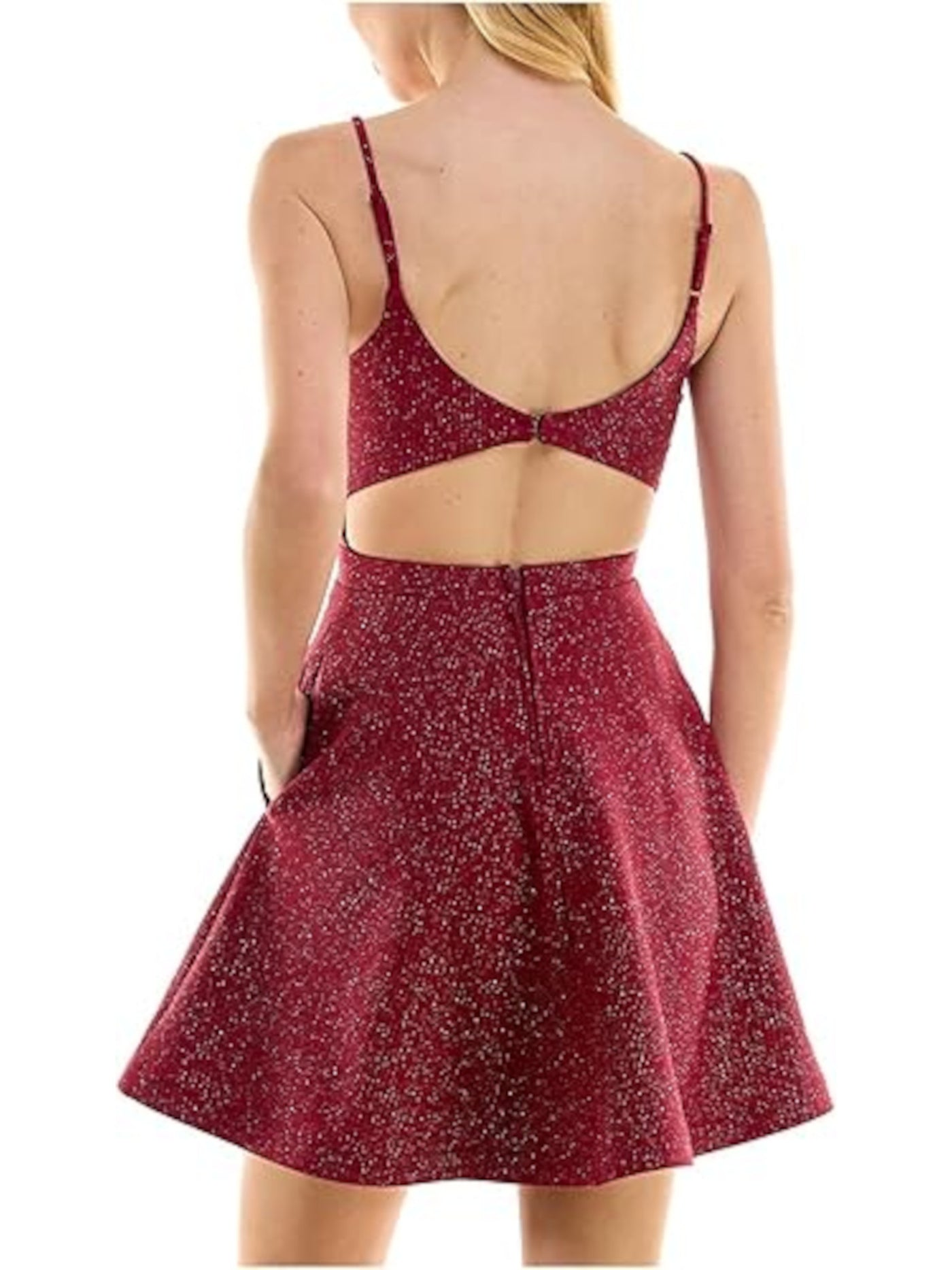 CITY STUDIO Womens Maroon Metallic Zippered Pocketed Open Back Adjustable Pinstripe Spaghetti Strap Sweetheart Neckline Short Party Fit + Flare Dress Juniors 9