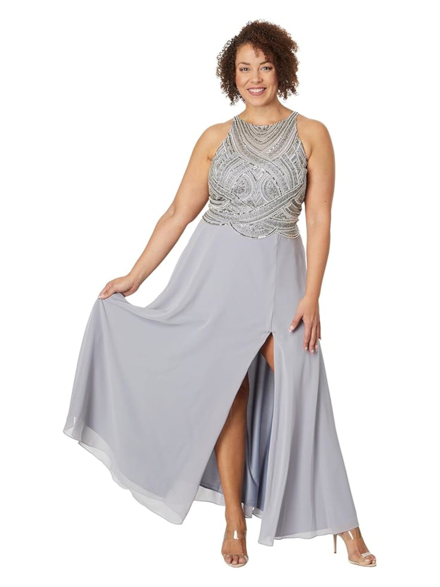 BETSY & ADAM Womens Gray Embellished Cut Out Lined Zippered Slitted Hook Back Sleeveless Halter Full-Length Formal Sheath Dress 4