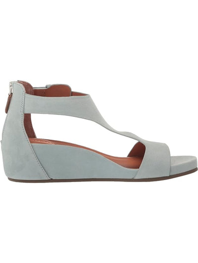 GENTLE SOULS KENNETH COLE Womens Light Blue Buckle Padded T-Strap Gisele Round Toe Wedge Zip-Up Leather Heeled Sandal 7.5 M