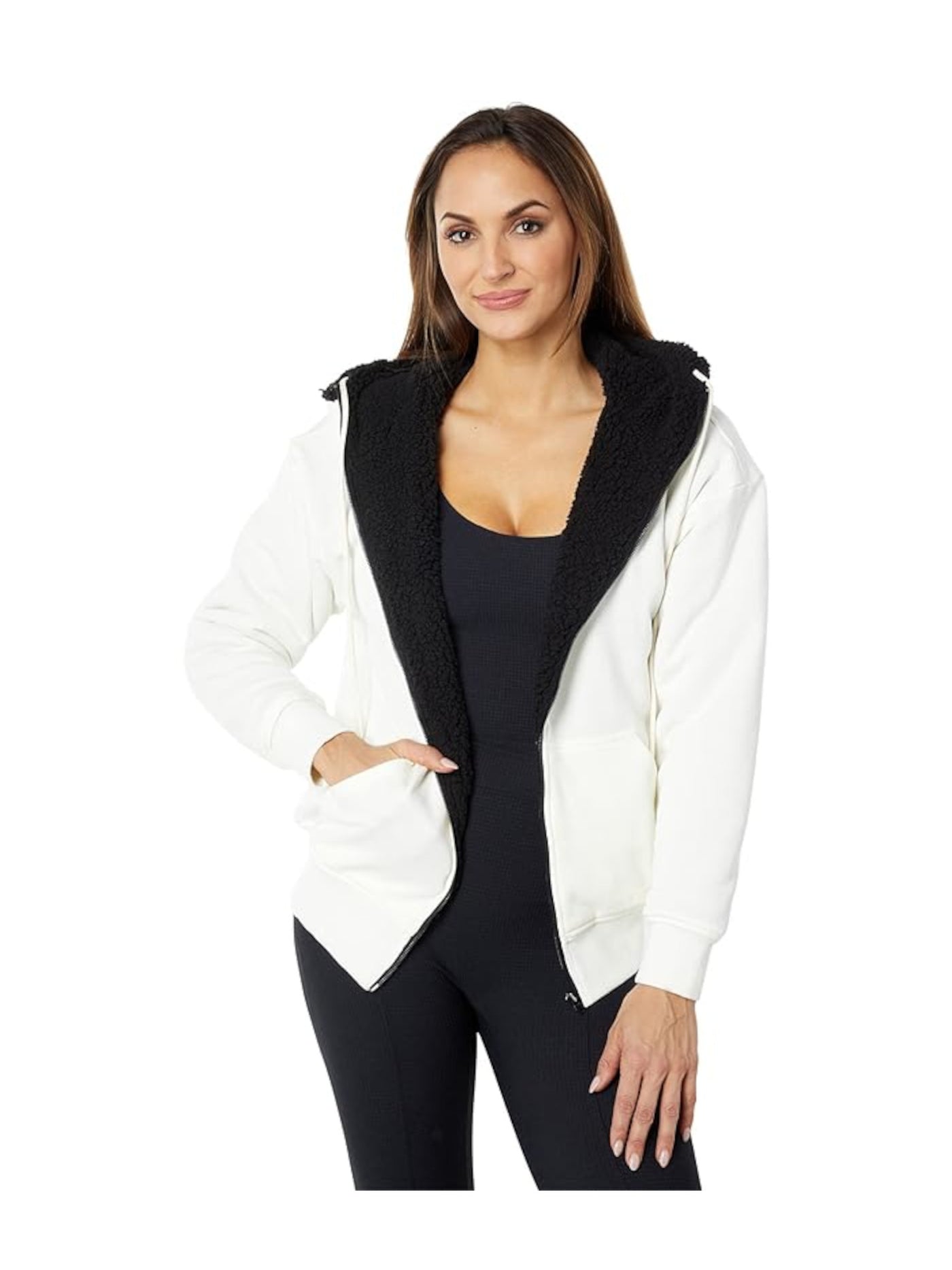 SPLITS 59 Womens White Zippered Pocketed Drawstring Sherpa Lining Hooded Jacket S