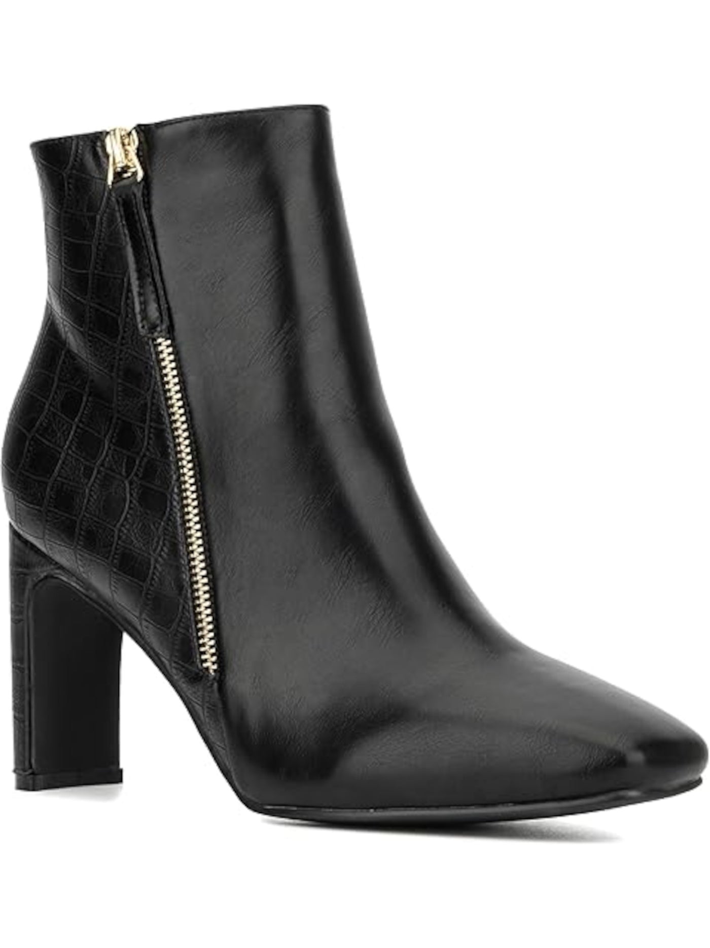 NY COLLECTION Womens Black Back Croc Print Zipper Accent Padded Square Toe Block Heel Zip-Up Leather Booties 10