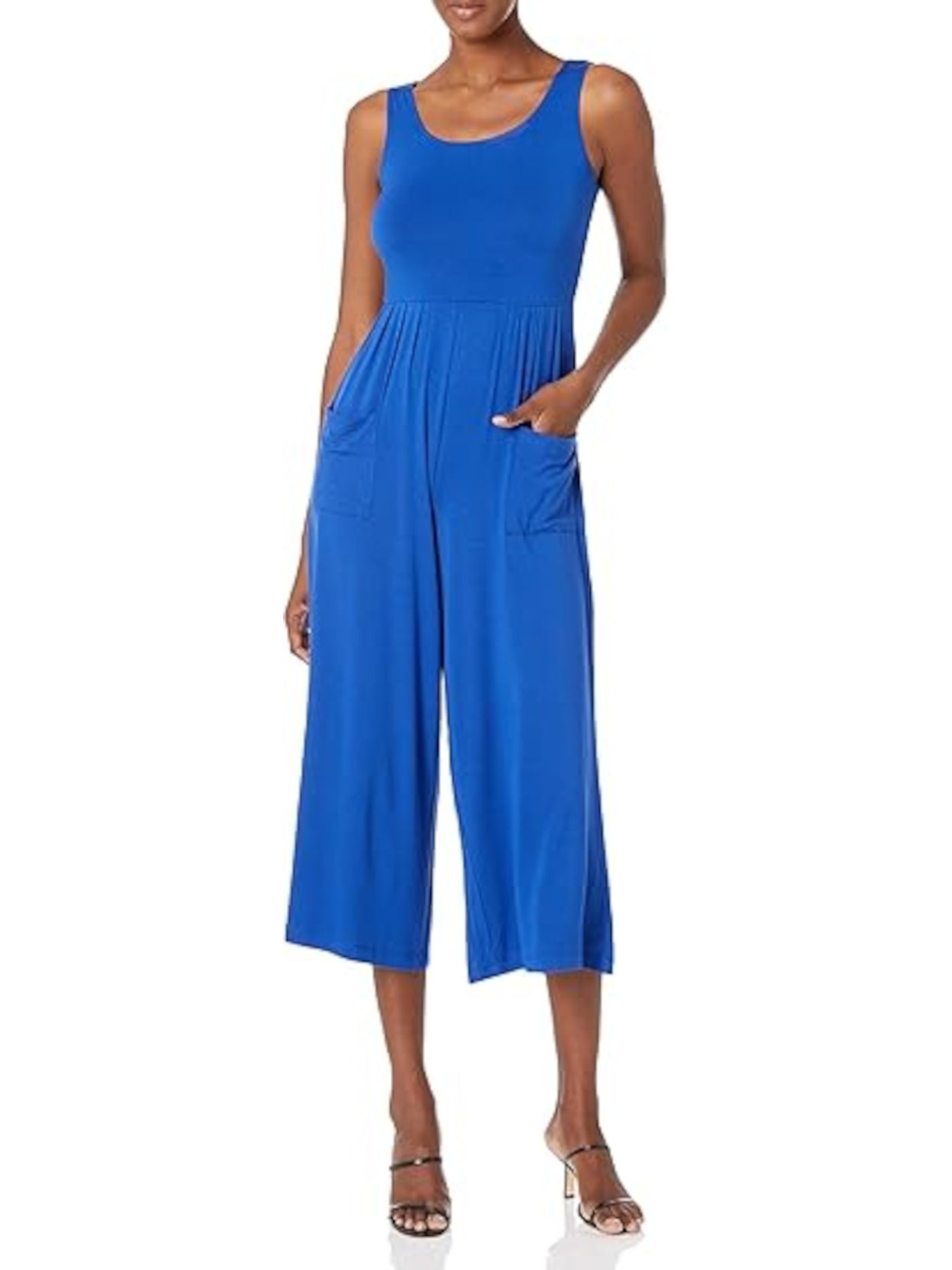 CALVIN KLEIN Womens Blue Jersey Pocketed Pleated Stretch Sleeveless Scoop Neck Evening Cropped Jumpsuit 8