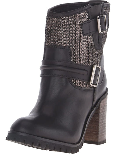 CHINESE LAUNDRY Womens Black Cable Knit Buckle Accent Lug Sole Leafy Round Toe Stacked Heel Leather Booties 8 M