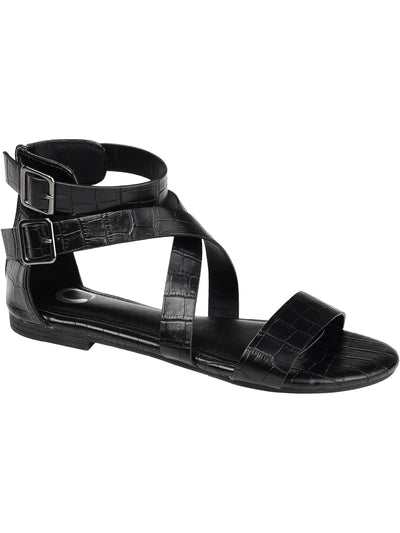 JOURNEE COLLECTION Womens Black Croc Textured Buckle Straps Goring Padded Adjustable Lanelle Open Toe Zip-Up Gladiator Sandals Shoes 7