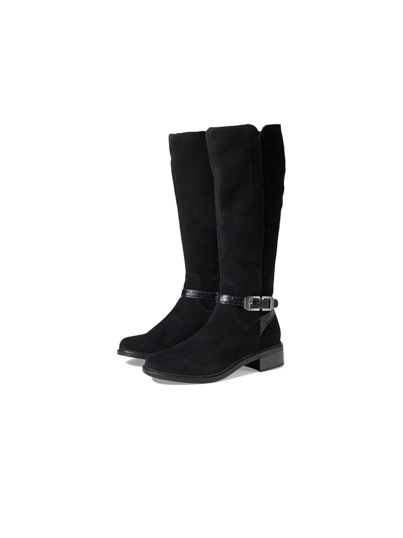 CLARKS COLLECTION Womens Black Croc Buckled Ankle Strap Cushioned Goring Maye Aster Round Toe Stacked Heel Zip-Up Leather Riding Boot 7.5 W