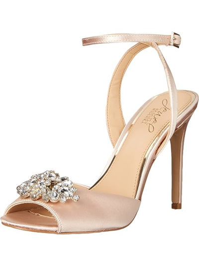 JEWEL BADGLEY MISCHKA Womens Beige Gem Accent Padded Adjustable Ankle Strap Jessa Peep Toe Stiletto Buckle Dress Heeled Sandal 5.5 M