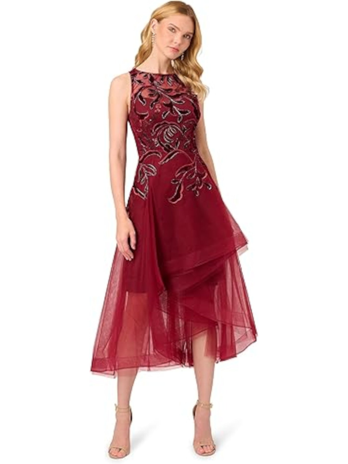 ADRIANNA PAPELL Womens Maroon Mesh Zippered Lined Layered Sleeveless Round Neck Midi Party Hi-Lo Dress 16