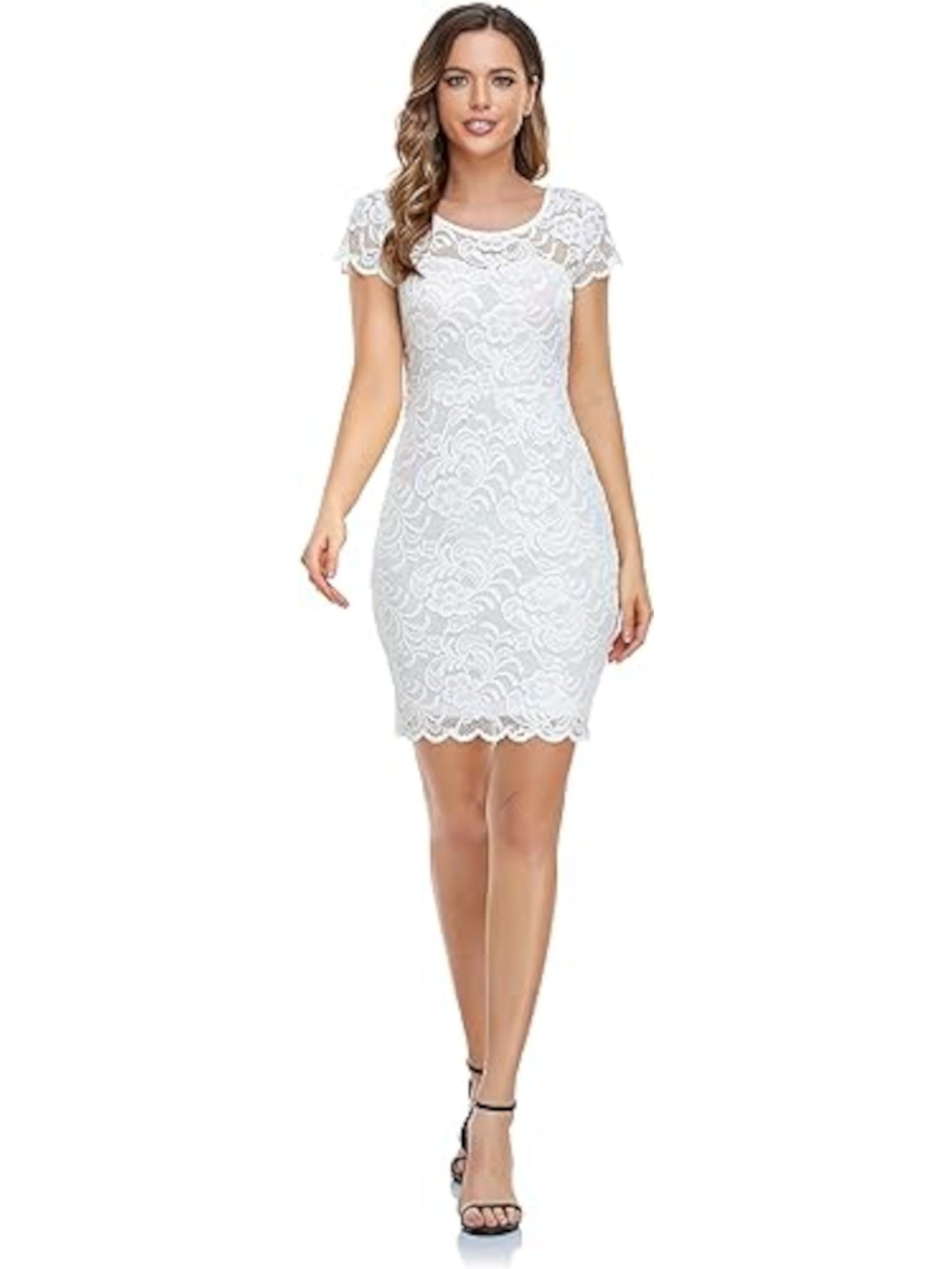 ODCOCD Womens White Scalloped Lined Pullover Short Sleeve Scoop Neck Above The Knee Party Sheath Dress XS