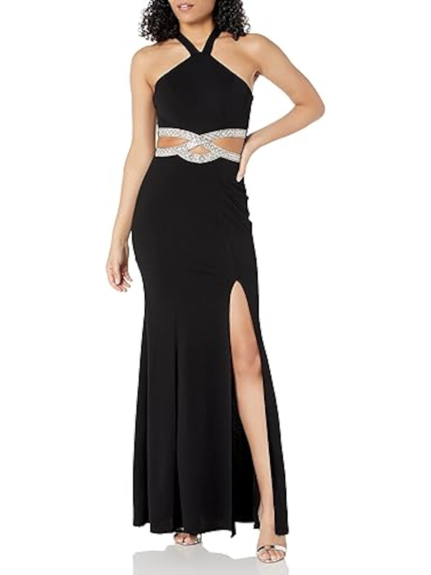 SPEECHLESS Womens Black Cut Out Embellished Slitted Unlined Zippered Sleeveless Halter Full-Length Formal Sheath Dress Juniors 13