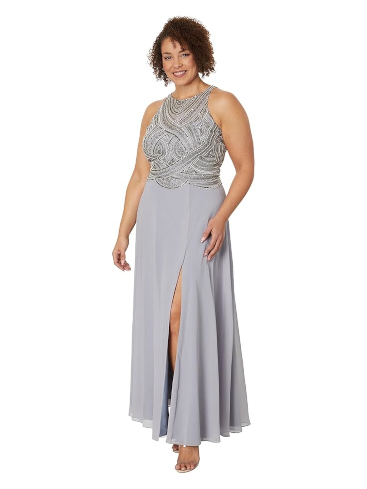 BETSY & ADAM Womens Gray Embellished Cut Out Lined Zippered Slitted Hook Back Sleeveless Halter Full-Length Formal Sheath Dress 4