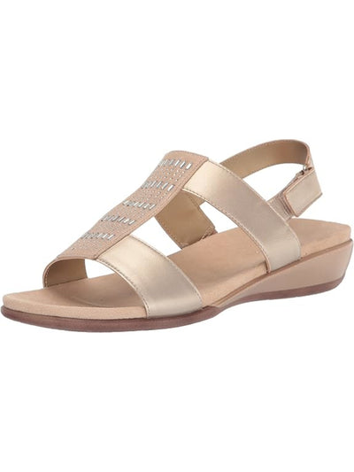 EASY SPIRIT Womens Gold Mixed Media Adjustable Arch Support Goring Comfort Rhinestone Metallic Hazel Round Toe Wedge Slingback Sandal 6.5 M
