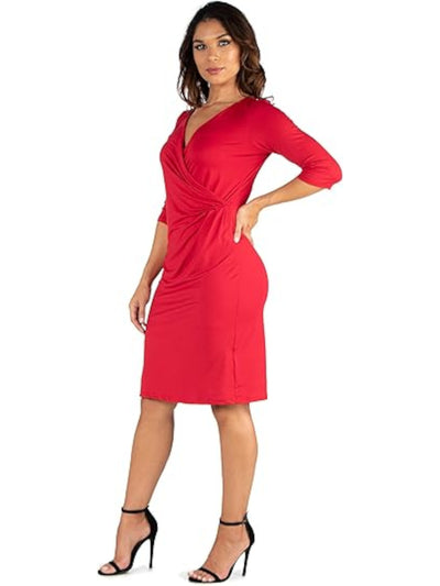 24 SEVEN COMFORT Womens Red Fitted Ruched Draped Pullover 3/4 Sleeve Surplice Neckline Knee Length Wear To Work Sheath Dress S