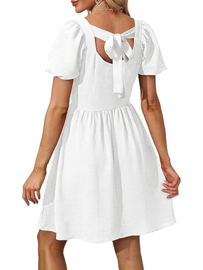 OFEEFAN Womens White Tie Lined Pouf Sleeve Square Neck Above The Knee Fit + Flare Dress XXL