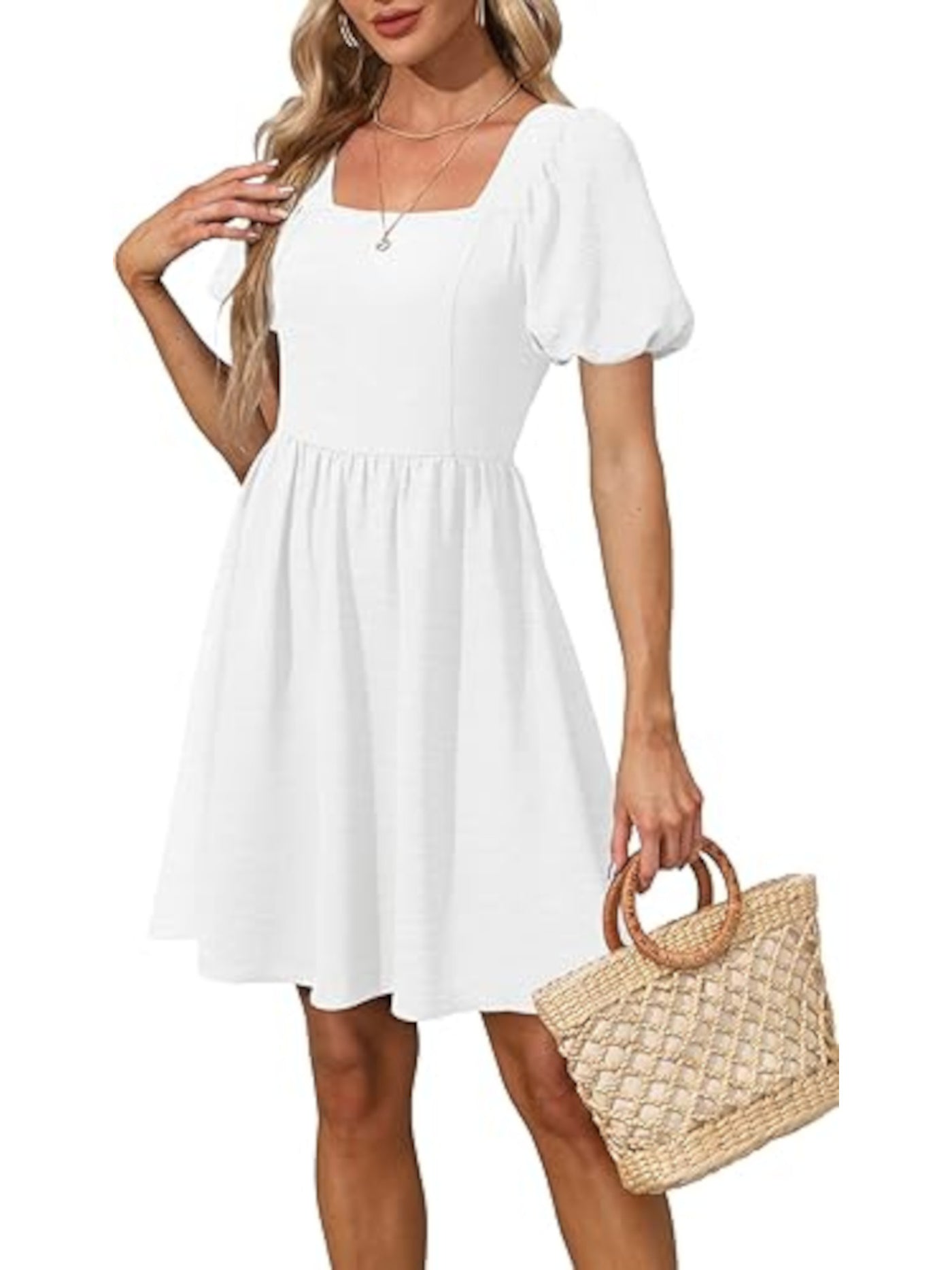 OFEEFAN Womens White Tie Lined Pouf Sleeve Square Neck Above The Knee Fit + Flare Dress XXL