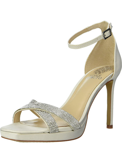 VINCE CAMUTO Womens Ivory Crossover Crystal Ankle Strap Embellished Kalvira Square Toe Stiletto Buckle Dress Heeled Sandal 5.5 M