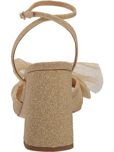 BADGLEY MISCHKA Womens Gold Ankle Strap Bow Accent Glitter Tess Square Toe Block Heel Buckle Heeled Sandal 8