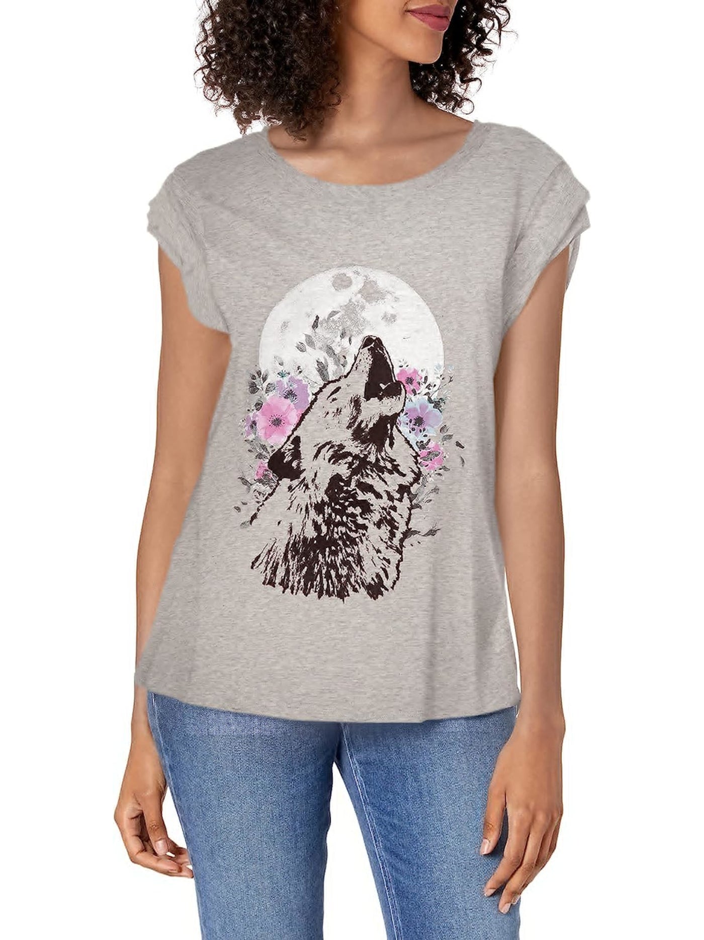 FRAYED JEANS Womens Gray Textured Graphic Cap Sleeve Crew Neck T-Shirt XS