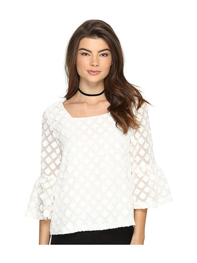 KENSIE Womens White Geometric 3/4 Sleeve Jewel Neck Top XS