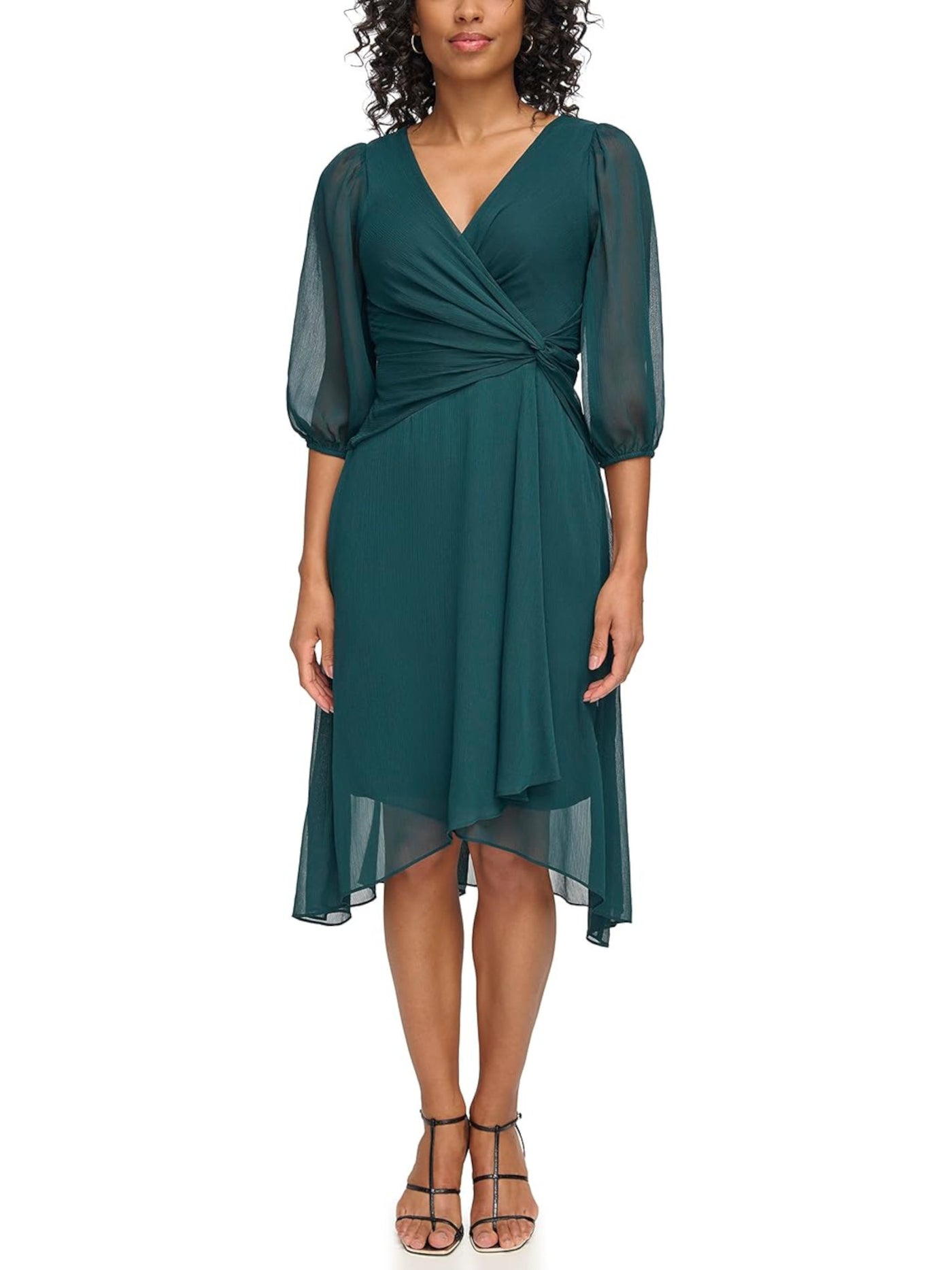 DKNY Womens Green Zippered Knotted Crossover Hem 3/4 Sleeve Surplice Neckline Midi Party Fit + Flare Dress 6