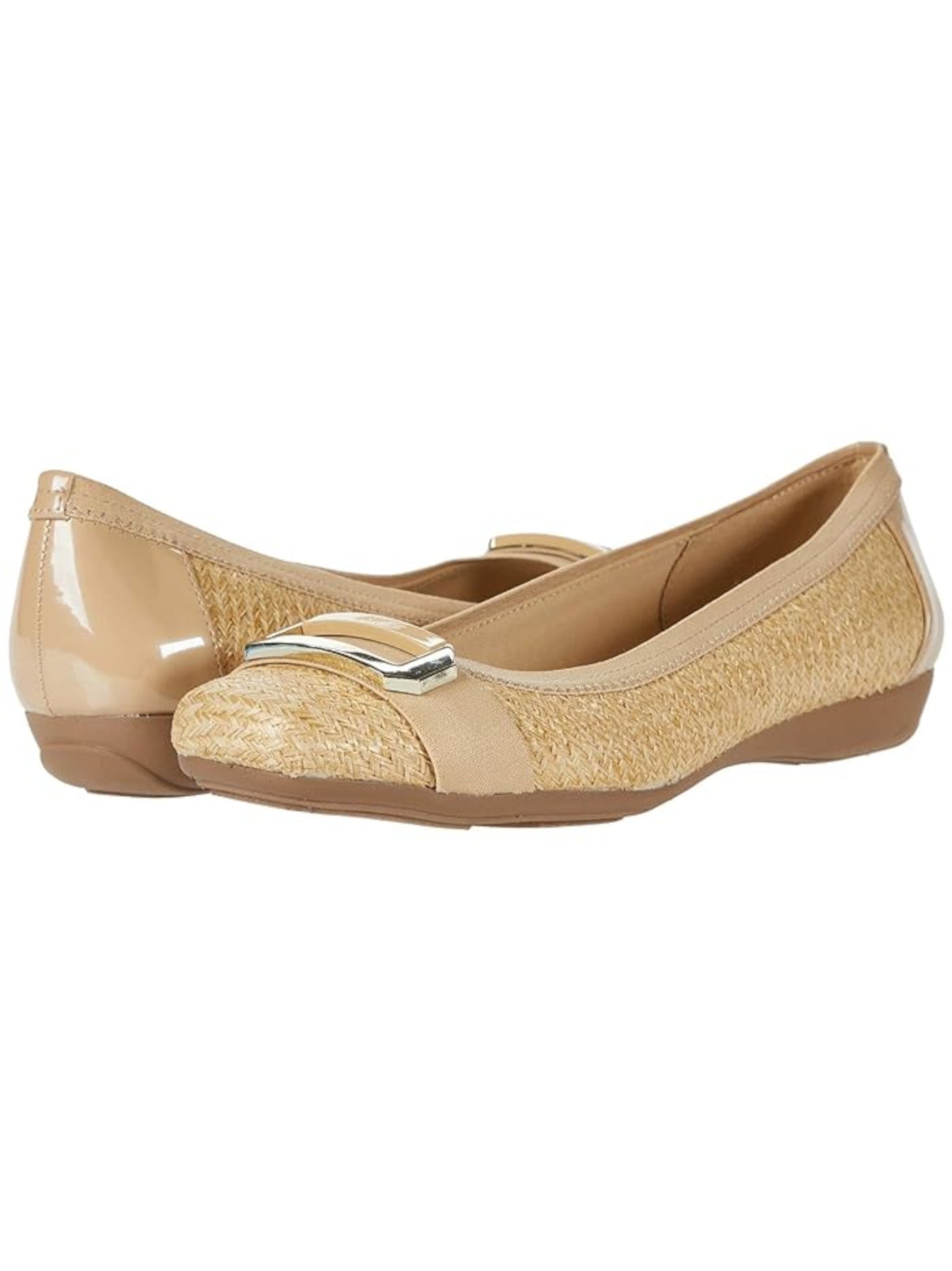 AK SPORT Womens Beige Stretch Lightweight Woven Buckle Accent Cushioned Uplift Square Toe Wedge Slip On Ballet Flats 6.5 M