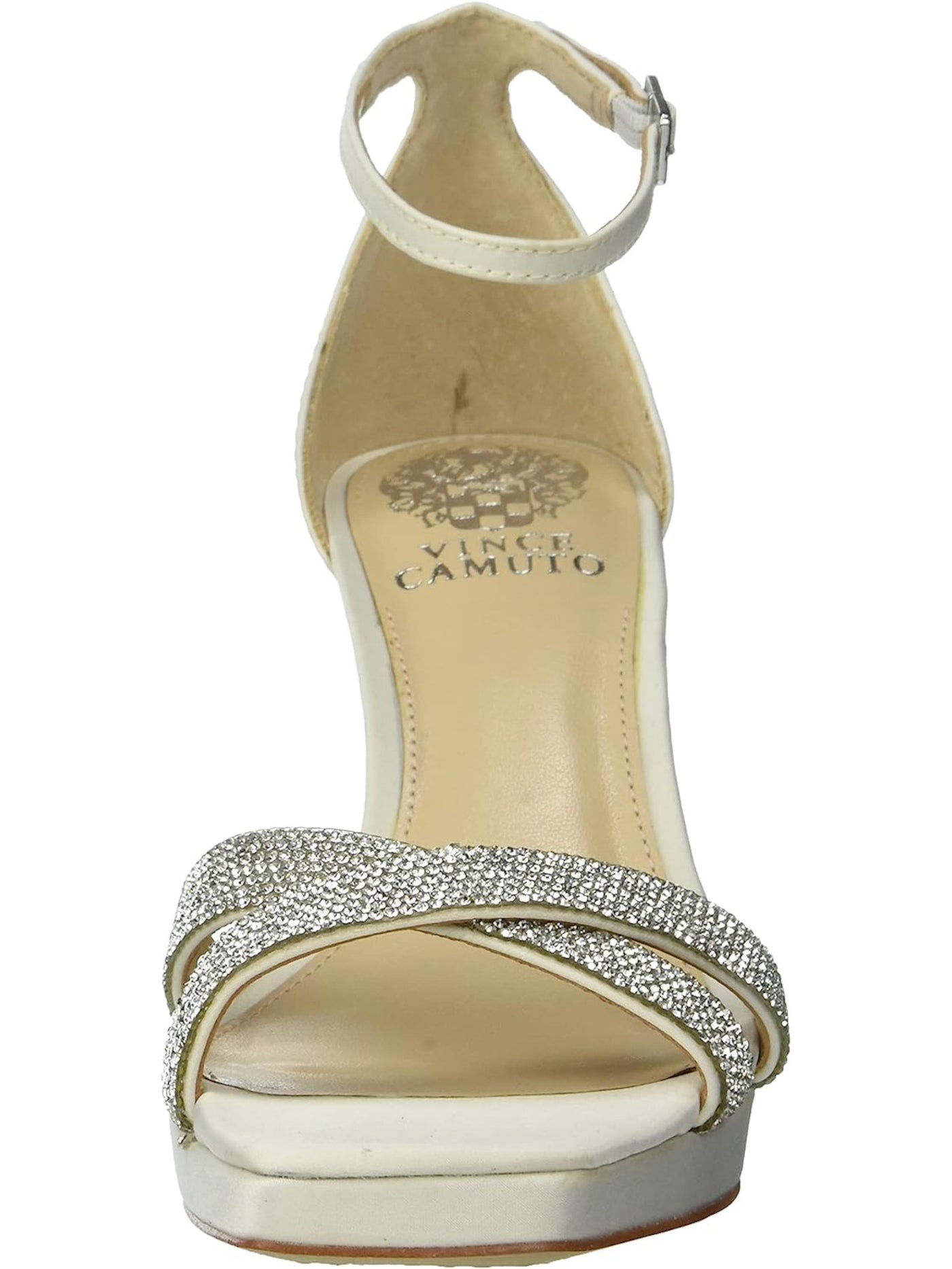 VINCE CAMUTO Womens Ivory Crossover Crystal Ankle Strap Embellished Kalvira Square Toe Stiletto Buckle Dress Heeled Sandal 5.5 M