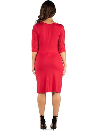 24 SEVEN COMFORT Womens Red Fitted Ruched Draped Pullover 3/4 Sleeve Surplice Neckline Knee Length Wear To Work Sheath Dress S
