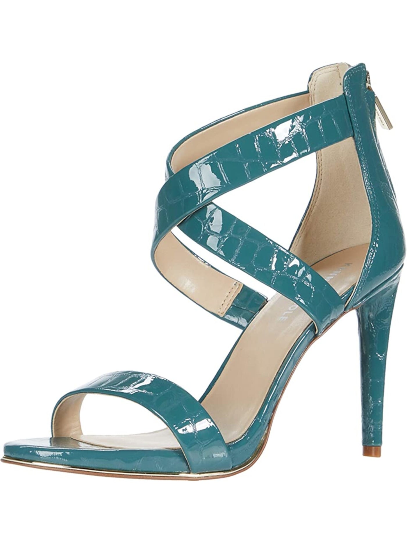 KENNETH COLE NEW YORK Womens Green Croc Metal Rand Sole Crisscross Straps Cushioned Brooke Round Toe Stiletto Zip-Up Leather Dress Sandals 6 M