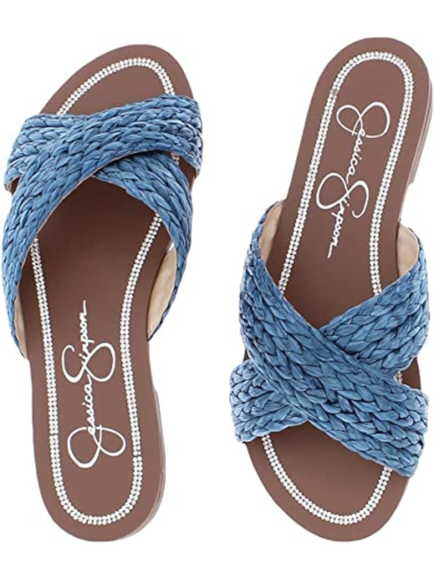 JESSICA SIMPSON Womens Blue Braided Crisscross Straps Rhinestone Braided Elaney Almond Toe Block Heel Slip On Slide Sandals 6.5 M