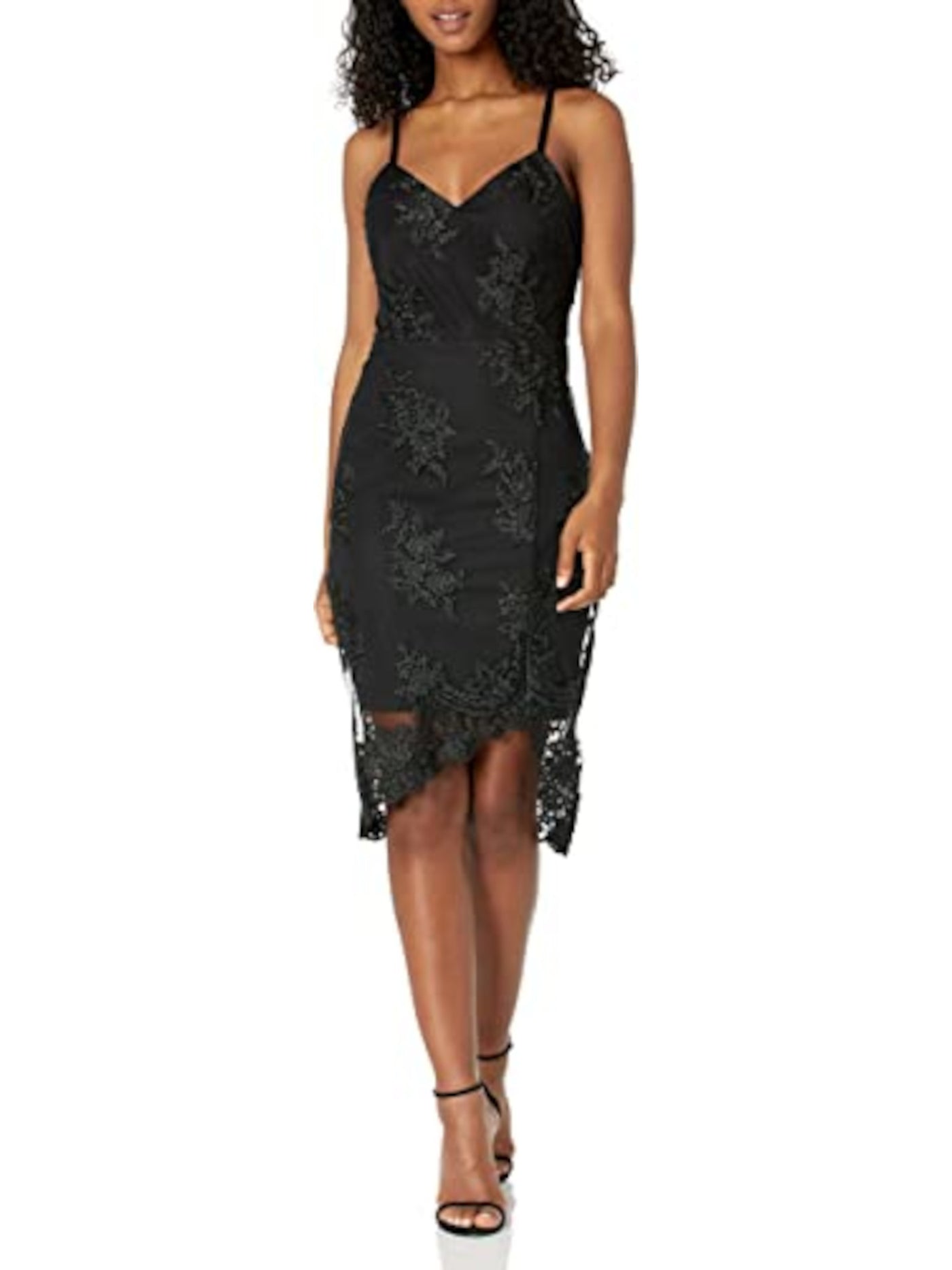 GUESS Womens Black Embroidered Lace Asymmetrical Spaghetti Strap V Neck Below The Knee Cocktail Sheath Dress 12